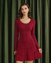 Wine Red Scalloped Viscose Sweater Dress