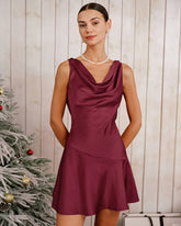 Wine Red Satin Cowl Neck Mini Dress