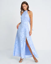 Blue Mock Neck Jacquard Maxi Dress