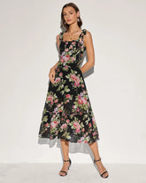 Black Floral Tie Strap Midi Dress