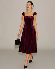 Red Velour Sweetheart Neck Midi Dress