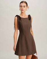 Coffee Boat Neck Tie Strap Mini Dress
