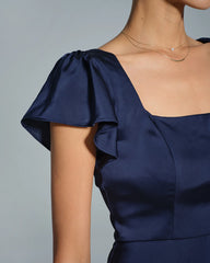 Navy Square Neck Satin Maxi Dress
