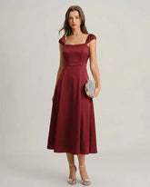 Red Sweetheart Neck Satin Midi Dress