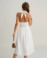 White V Neck Halter Sleeveless Midi Dress