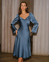 Blue Cowl Neck A-Line Midi Dress