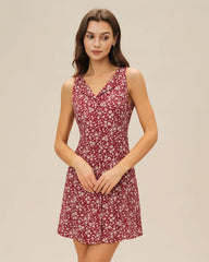 Red V Neck Floral Mini Dress