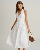 White V Neck Halter Sleeveless Midi Dress