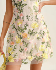 Yellow V Neck Floral Sleeveless Mini Dress