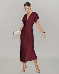 Wine Red Satin Cowl Sleeve Midi Dress