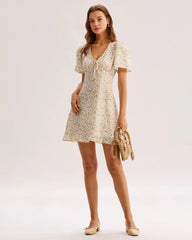 Yellow Floral V-Neck Mini Dress