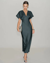 Grey Green Satin Cowl Sleeve Midi Dress