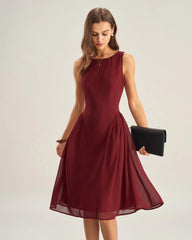 Wine Red Chiffon Sleeveless Midi Dress