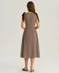 Brown Plaid Boat Neck A-Line Midi Dress