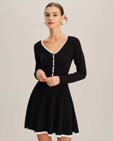 Black Contrasting V Neck Button Sweater Dress