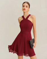 Wine Red Chiffon A-Line Sleeveless Mini Dress