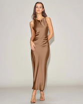 Coffee Satin Boat Neck Slip Midi Dress