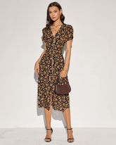 Black V Neck Button Floral Midi Dress