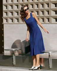 Blue Square Neck Pleated Sleeveless Midi Dress
