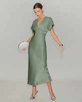 Green Satin V Neck A-Line Midi Dress