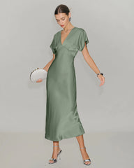 Green Satin V Neck A-Line Midi Dress