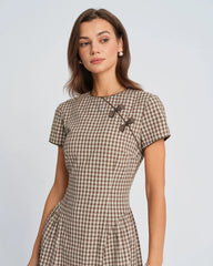 Brown Plaid Round Neck Midi Dress
