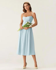 Blue Square Neck Pocket Slip Midi Dress
