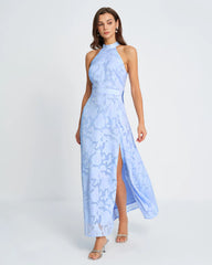 Blue Mock Neck Jacquard Maxi Dress