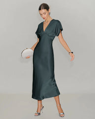Grey Green Satin Cowl Sleeve Midi Dress
