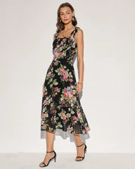 Black Floral Tie Strap Midi Dress