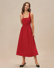 Red Square Neck Midi Dress
