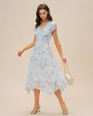 Blue V Neck Floral Midi Dress