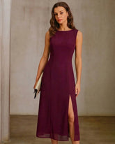 Wine Red Boat Neck Backless Midi Dress