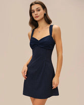 Blue Sweetheart Neck Plaid Mini Dress