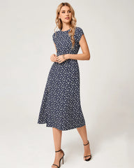 Blue Floral Cap Sleeve Midi Dress