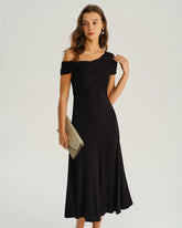 Black One Shoulder A-Line Midi Dress