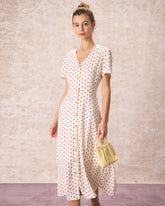 The Beige V Neck Polka Dot Button Midi Dress