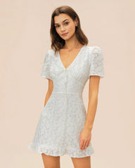 White V Neck Jacquard Mini Dress