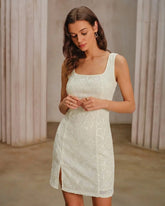 Beige Sequins Floral Mini Dress