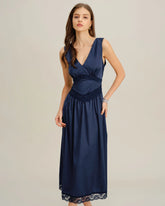 Blue V Neck A-Line Sleeveless Midi Dress