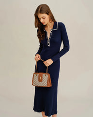 Blue Contrasting Button Sweater Dress