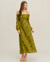 Green Floral Square Neck A-Line Maxi Dress