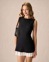Women's Black Splicing Pleated Mini Dress