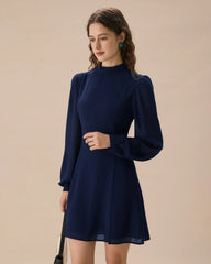 Blue Round Neck Tunic Mini Dress