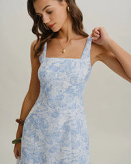 Blue Floral Square Neck A-Line Slip Mini Dress