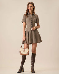 Brown Plaid Lapel Pleated Mini Dress