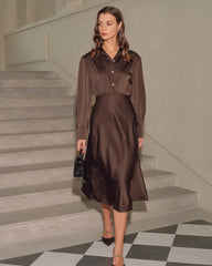 Coffee Ruched Button Midi Dress