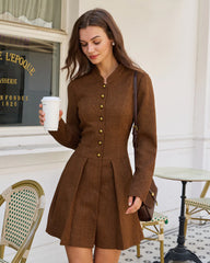 Brown Ruched Button A-Line Mini Dress