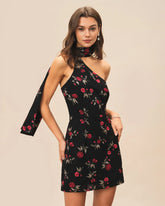 Black Jacquard One Shoulder Mini Dress