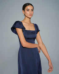 Navy Square Neck Satin Maxi Dress